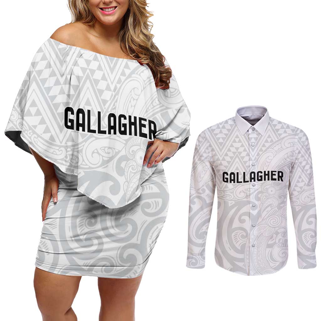 New Zealand Rangatira Custom Couples Matching Off Shoulder Short Dress and Long Sleeve Button Shirt All White Niho Taniwha Maori Tribal LT9 White - Polynesian Pride