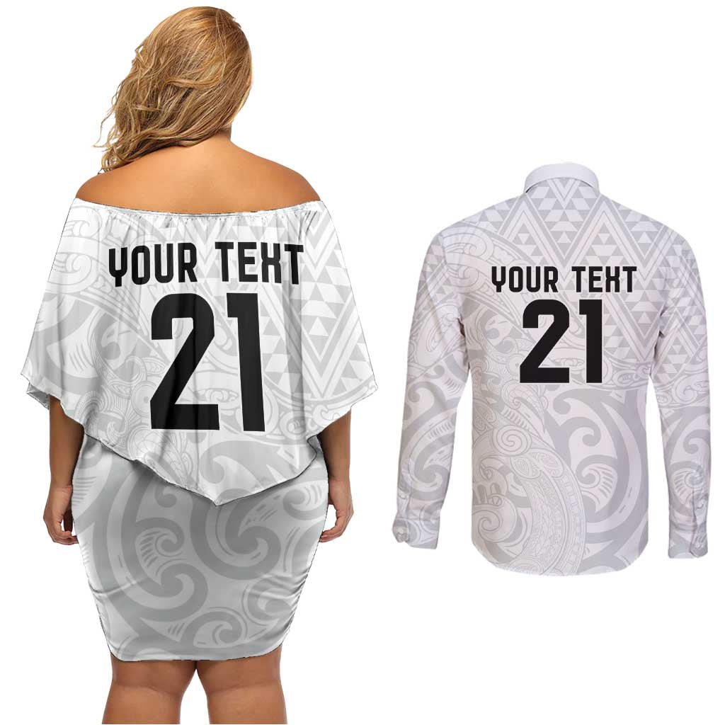 New Zealand Rangatira Custom Couples Matching Off Shoulder Short Dress and Long Sleeve Button Shirt All White Niho Taniwha Maori Tribal LT9 - Polynesian Pride