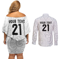 New Zealand Rangatira Custom Couples Matching Off Shoulder Short Dress and Long Sleeve Button Shirt All White Niho Taniwha Maori Tribal LT9 - Polynesian Pride