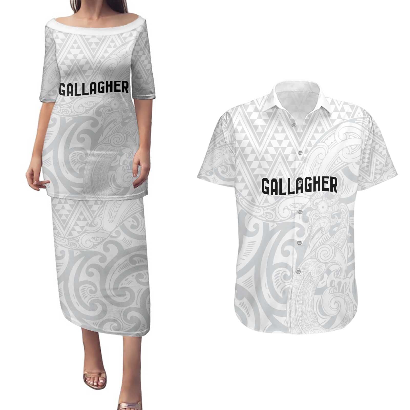 New Zealand Rangatira Custom Couples Matching Puletasi and Hawaiian Shirt All White Niho Taniwha Maori Tribal