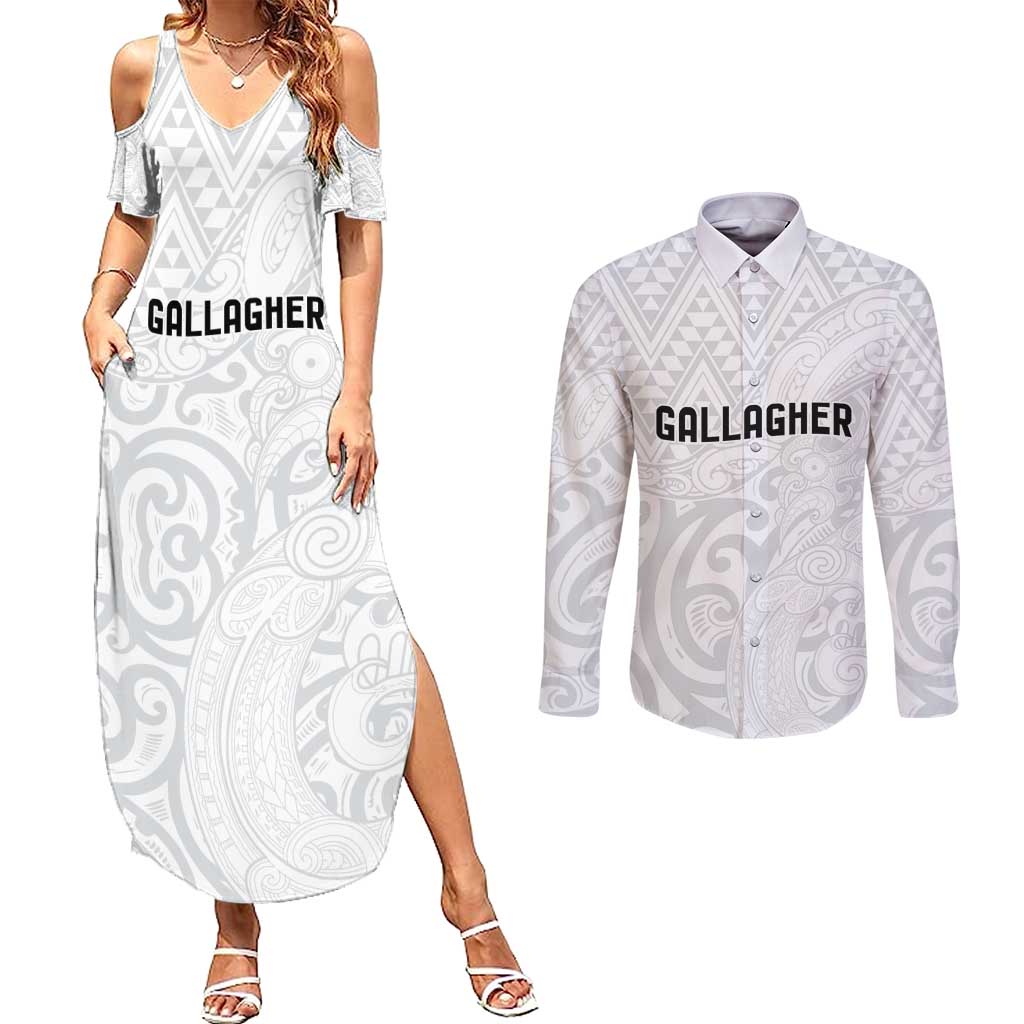 New Zealand Rangatira Custom Couples Matching Summer Maxi Dress and Long Sleeve Button Shirt All White Niho Taniwha Maori Tribal