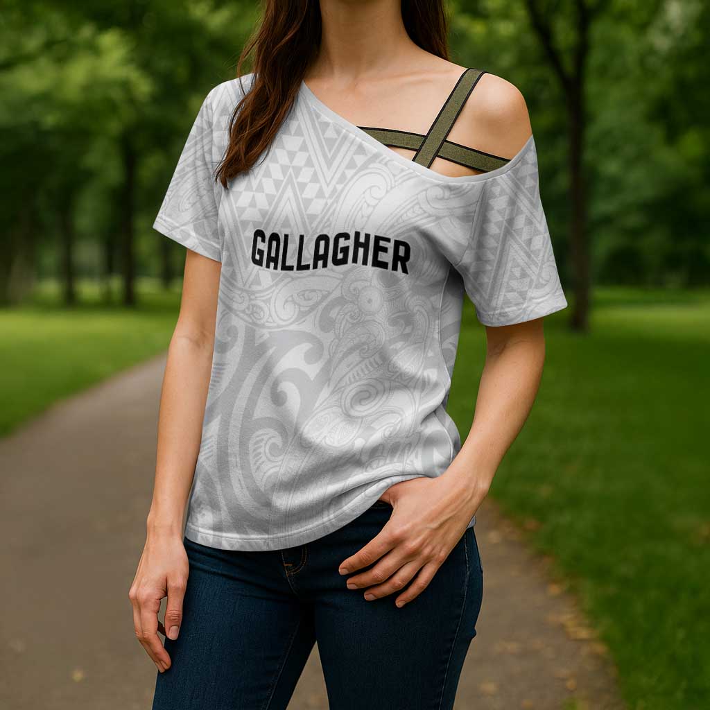 New Zealand Rangatira Custom Cross Shoulder Shirt All White Niho Taniwha Maori Tribal - Polynesian Pride