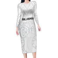New Zealand Rangatira Custom Family Matching Long Sleeve Bodycon Dress and Hawaiian Shirt All White Niho Taniwha Maori Tribal LT9 Mom's Dress White - Polynesian Pride