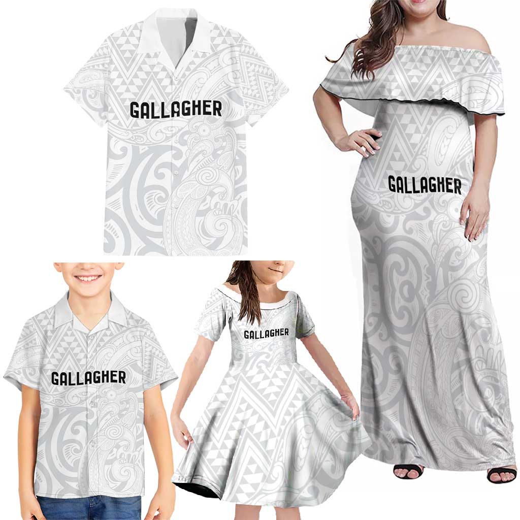 New Zealand Rangatira Custom Family Matching Off Shoulder Maxi Dress and Hawaiian Shirt All White Niho Taniwha Maori Tribal