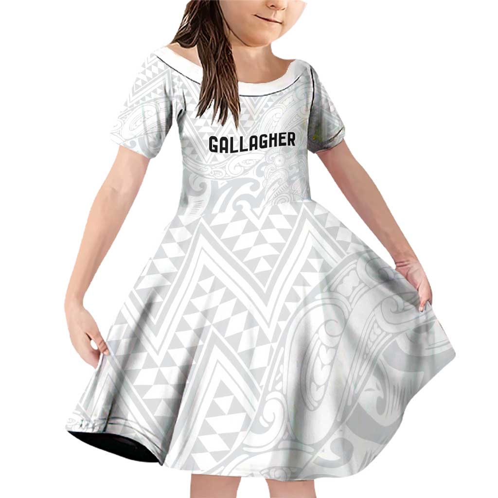 New Zealand Rangatira Custom Family Matching Off Shoulder Short Dress and Hawaiian Shirt All White Niho Taniwha Maori Tribal LT9 Daughter's Dress White - Polynesian Pride