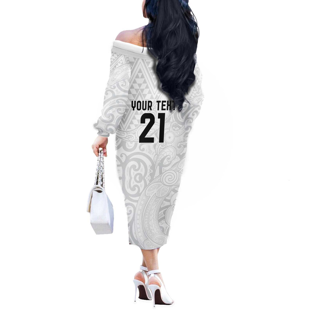 New Zealand Rangatira Custom Off The Shoulder Long Sleeve Dress All White Niho Taniwha Maori Tribal