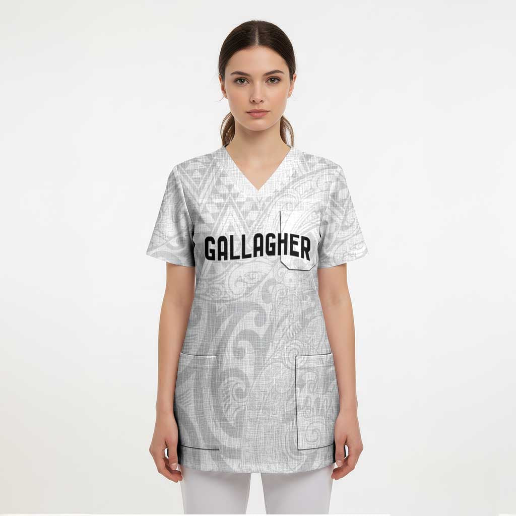 New Zealand Rangatira Custom Scrub Top All White Niho Taniwha Maori Tribal - Polynesian Pride