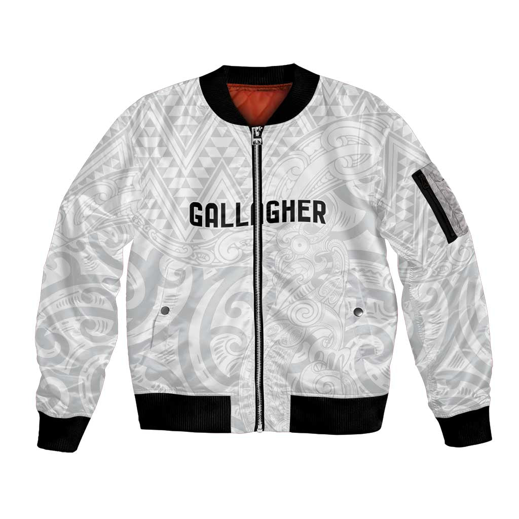 New Zealand Rangatira Custom Sleeve Zip Bomber Jacket All White Niho Taniwha Maori Tribal LT9 Unisex White - Polynesian Pride