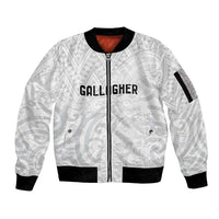 New Zealand Rangatira Custom Sleeve Zip Bomber Jacket All White Niho Taniwha Maori Tribal