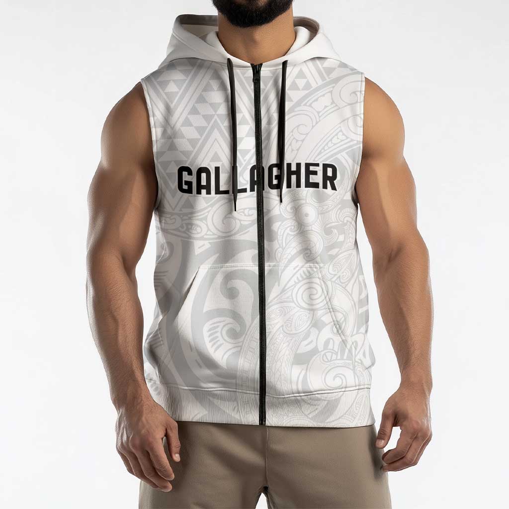New Zealand Rangatira Custom Sleeveless Zip Hoodie All White Niho Taniwha Maori Tribal - Polynesian Pride