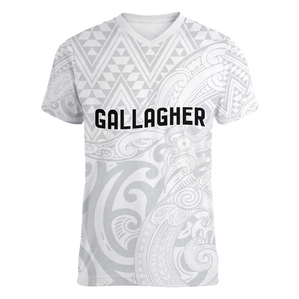 New Zealand Rangatira Custom Women V-Neck T-Shirt All White Niho Taniwha Maori Tribal