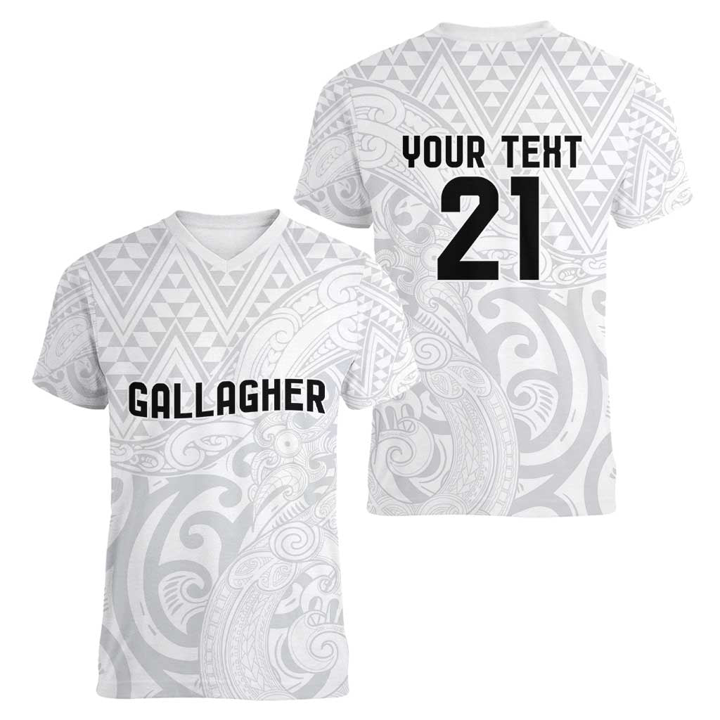 New Zealand Rangatira Custom Women V-Neck T-Shirt All White Niho Taniwha Maori Tribal LT9 - Polynesian Pride