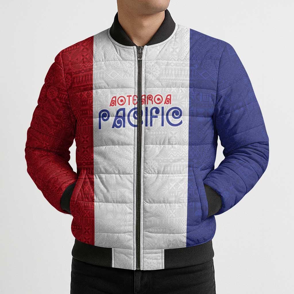 New Zealand Rugby Pacific Personalised Bomber Puffer Jacket Maori Style Tribal Tapa Pattern - Polynesian Pride