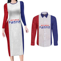 New Zealand Rugby Pacific Personalised Couples Matching Long Sleeve Bodycon Dress and Long Sleeve Button Shirt Maori Style Tribal Tapa Pattern LT9 White - Polynesian Pride