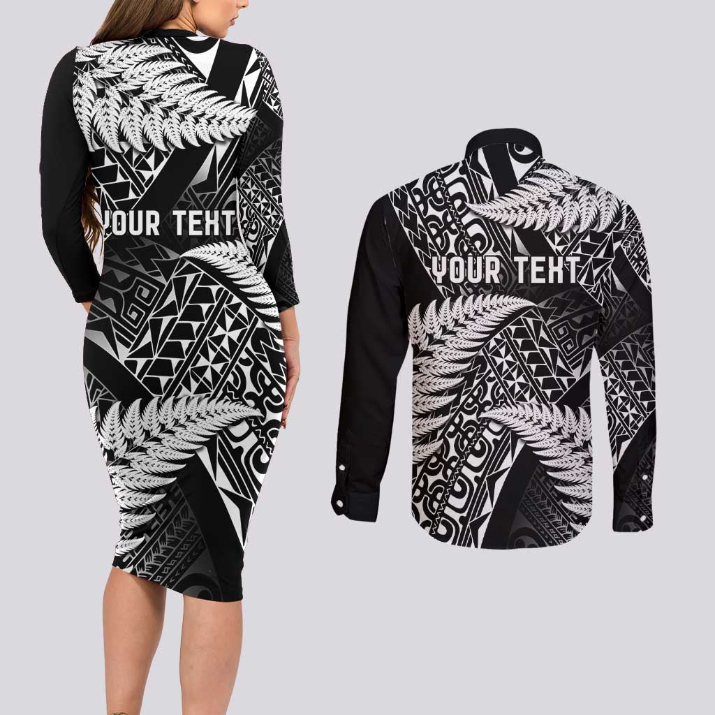 New Zealand Rugby Pacific Personalised Couples Matching Long Sleeve Bodycon Dress and Long Sleeve Button Shirt All Black Maori Pasifika Fern Pattern LT9 - Polynesian Pride