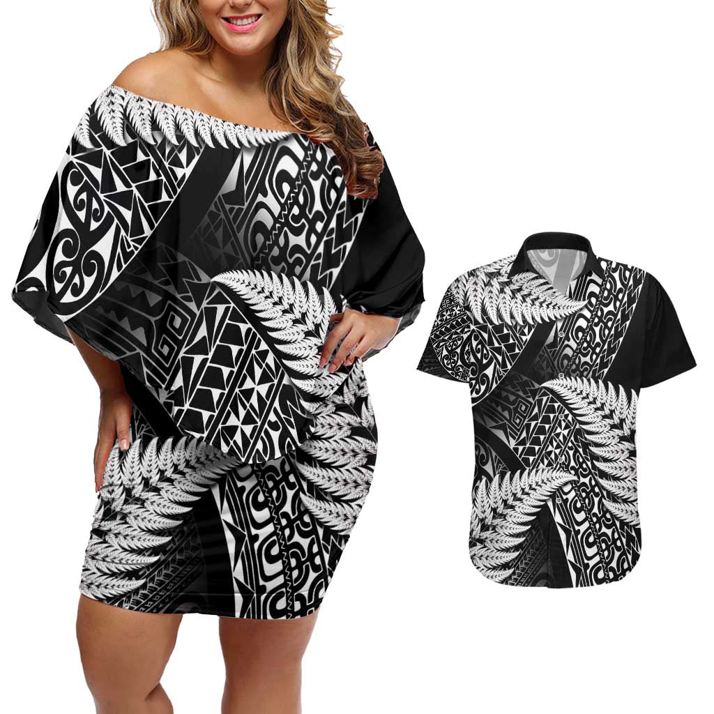 New Zealand Rugby Pacific Personalised Couples Matching Off Shoulder Short Dress and Hawaiian Shirt All Black Maori Pasifika Fern Pattern LT9 Black - Polynesian Pride