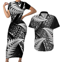 New Zealand Rugby Pacific Personalised Couples Matching Short Sleeve Bodycon Dress and Hawaiian Shirt All Black Maori Pasifika Fern Pattern LT9 Black - Polynesian Pride