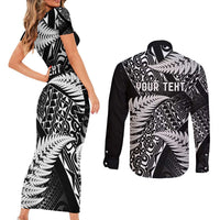 New Zealand Rugby Pacific Personalised Couples Matching Short Sleeve Bodycon Dress and Long Sleeve Button Shirt All Black Maori Pasifika Fern Pattern LT9 - Polynesian Pride