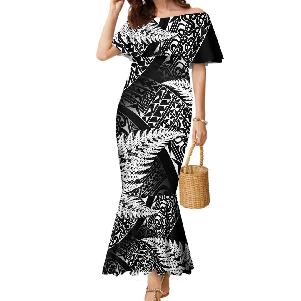 New Zealand Rugby Pacific Personalised Family Matching Mermaid Dress and Hawaiian Shirt All Black Maori Pasifika Fern Pattern LT9 Mom's Dress Black - Polynesian Pride