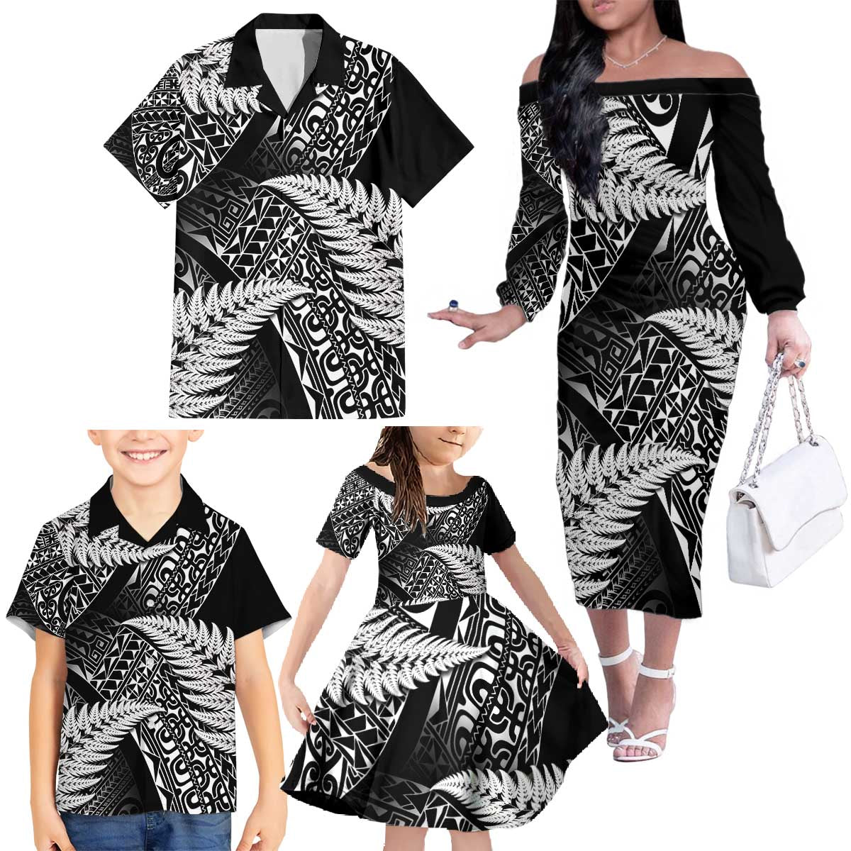 New Zealand Rugby Pacific Personalised Family Matching Off The Shoulder Long Sleeve Dress and Hawaiian Shirt All Black Maori Pasifika Fern Pattern LT9 - Polynesian Pride