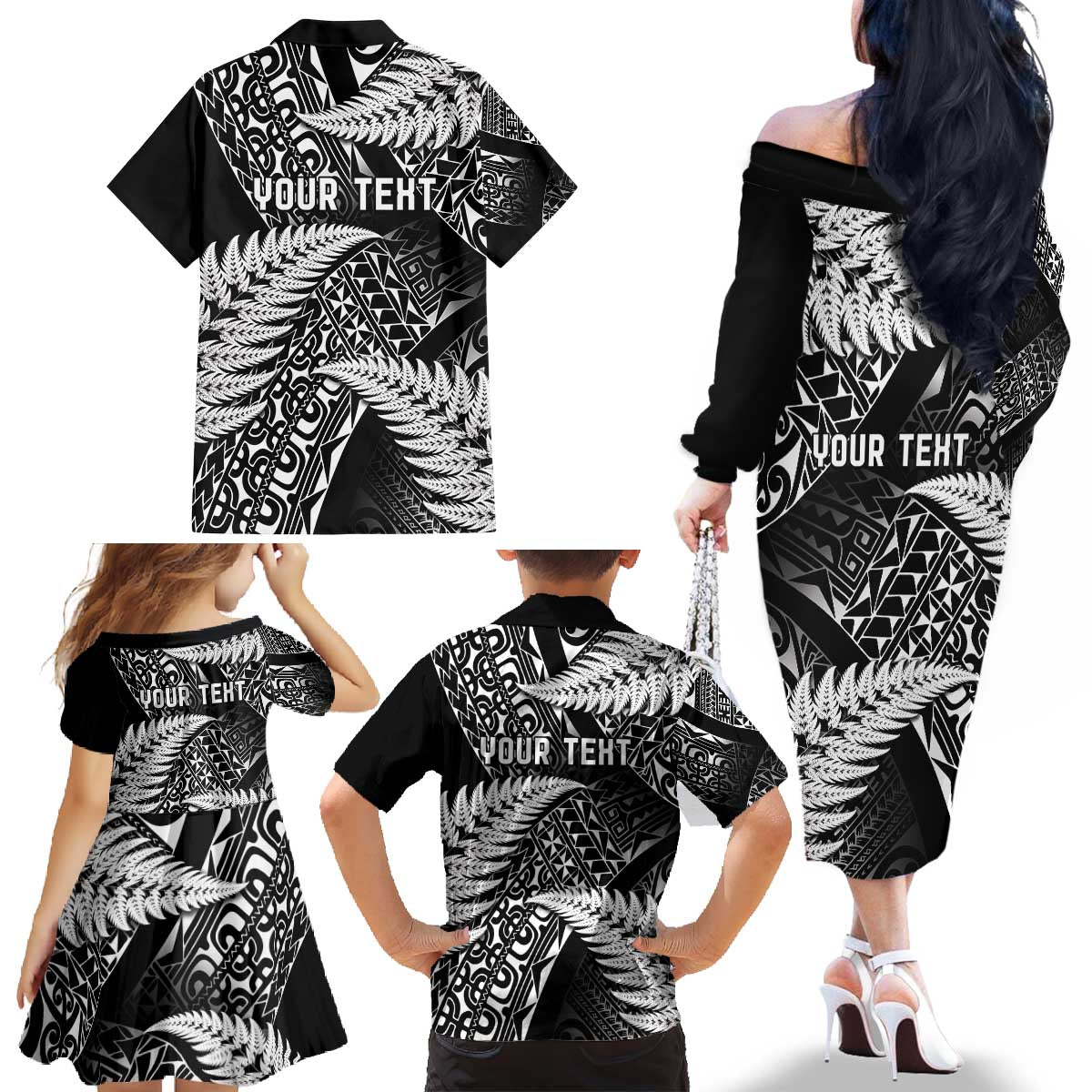 New Zealand Rugby Pacific Personalised Family Matching Off The Shoulder Long Sleeve Dress and Hawaiian Shirt All Black Maori Pasifika Fern Pattern LT9 - Polynesian Pride
