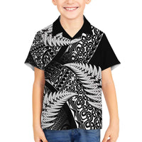 New Zealand Rugby Pacific Personalised Family Matching Off The Shoulder Long Sleeve Dress and Hawaiian Shirt All Black Maori Pasifika Fern Pattern LT9 Son's Shirt Black - Polynesian Pride