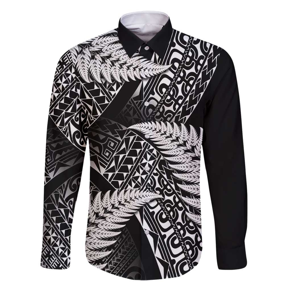 New Zealand Rugby Pacific Personalised Family Matching Off Shoulder Maxi Dress and Hawaiian Shirt All Black Maori Pasifika Fern Pattern LT9 Dad's Shirt - Long Sleeve Black - Polynesian Pride
