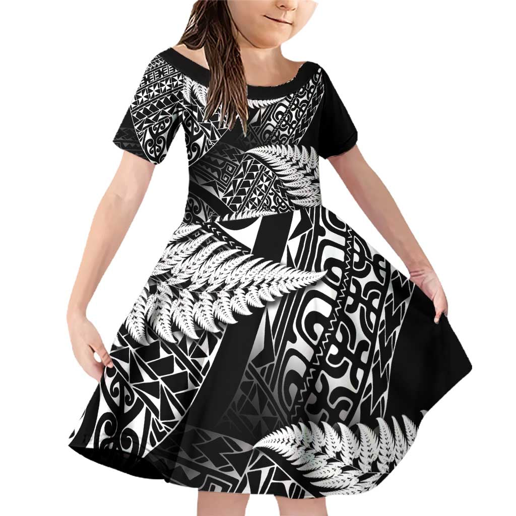 New Zealand Rugby Pacific Personalised Family Matching Off Shoulder Short Dress and Hawaiian Shirt All Black Maori Pasifika Fern Pattern LT9 Daughter's Dress Black - Polynesian Pride