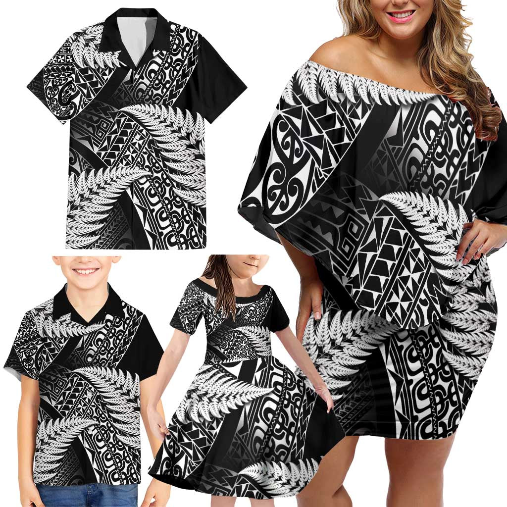 New Zealand Rugby Pacific Personalised Family Matching Off Shoulder Short Dress and Hawaiian Shirt All Black Maori Pasifika Fern Pattern LT9 - Polynesian Pride