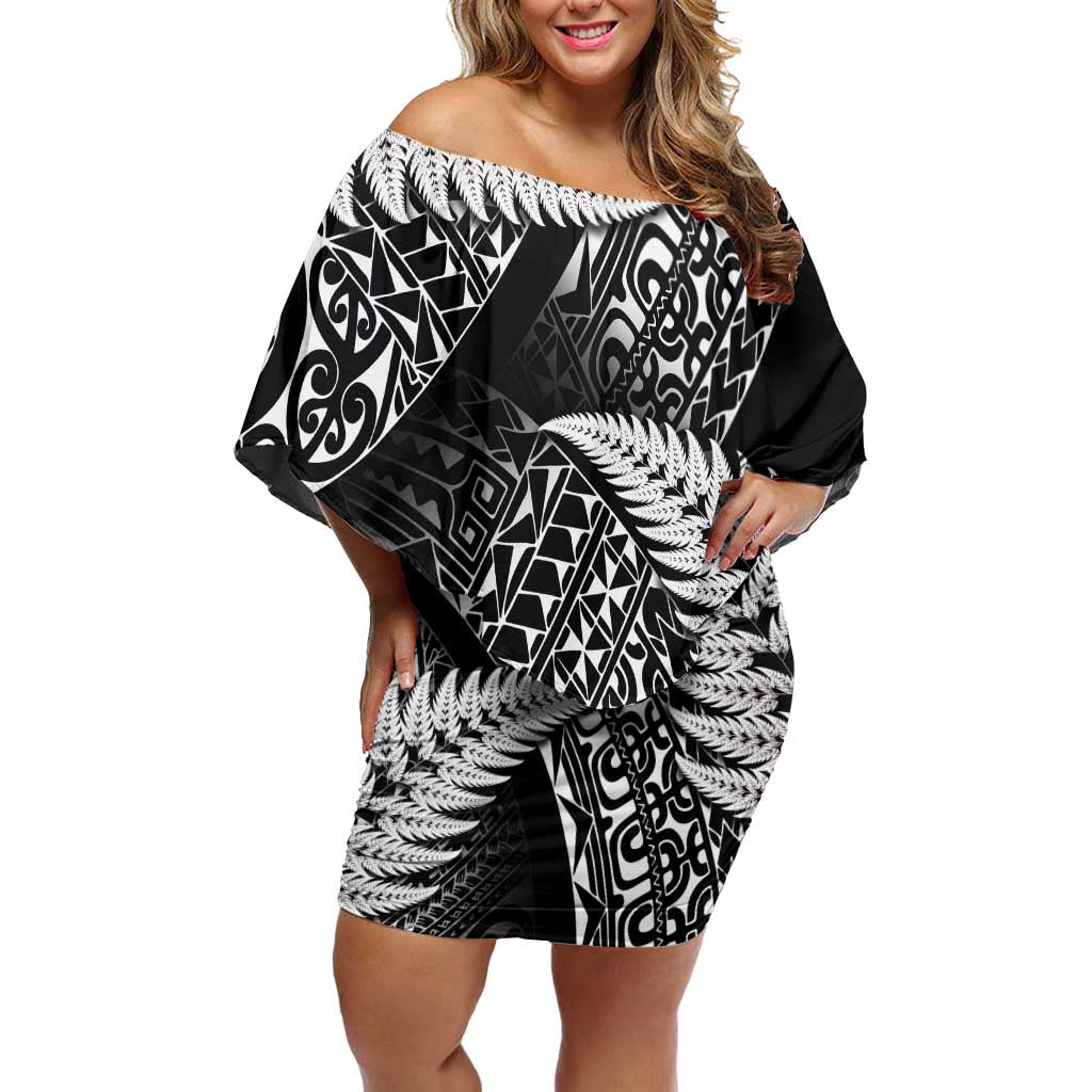 New Zealand Rugby Pacific Personalised Family Matching Off Shoulder Short Dress and Hawaiian Shirt All Black Maori Pasifika Fern Pattern LT9 Mom's Dress Black - Polynesian Pride