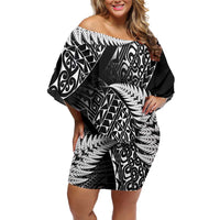 New Zealand Rugby Pacific Personalised Family Matching Off Shoulder Short Dress and Hawaiian Shirt All Black Maori Pasifika Fern Pattern LT9 Mom's Dress Black - Polynesian Pride