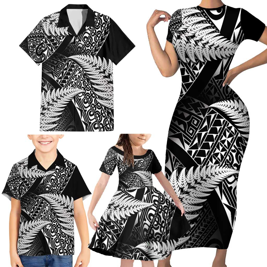 New Zealand Rugby Pacific Personalised Family Matching Short Sleeve Bodycon Dress and Hawaiian Shirt All Black Maori Pasifika Fern Pattern LT9 - Polynesian Pride