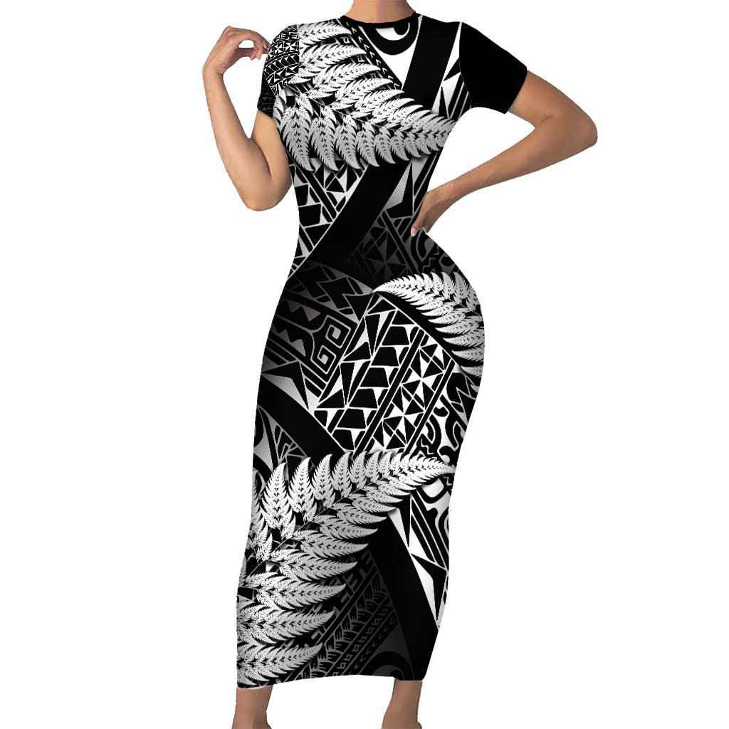 New Zealand Rugby Pacific Personalised Family Matching Short Sleeve Bodycon Dress and Hawaiian Shirt All Black Maori Pasifika Fern Pattern LT9 Mom's Dress Black - Polynesian Pride