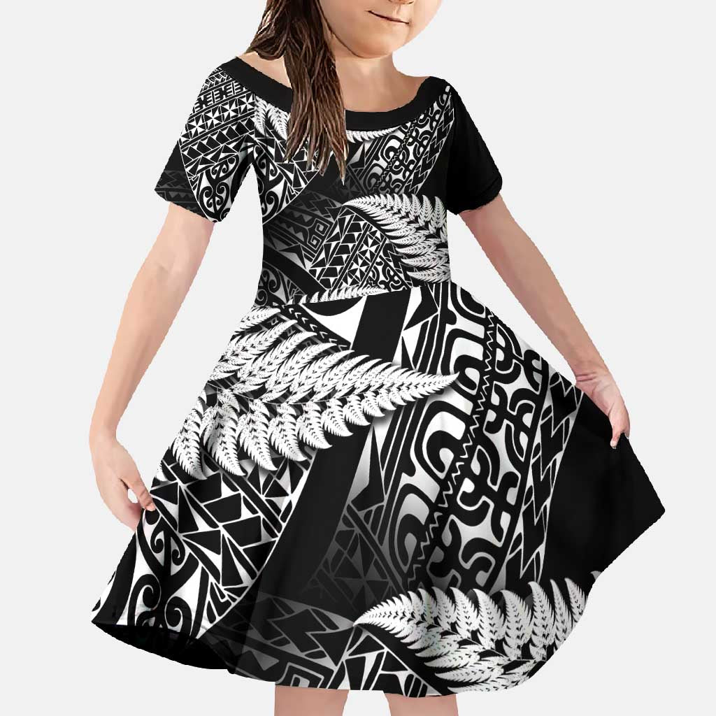 New Zealand Rugby Pacific Personalised Family Matching Tank Maxi Dress and Hawaiian Shirt All Black Maori Pasifika Fern Pattern LT9 Daughter's Dress Black - Polynesian Pride