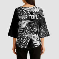 New Zealand Rugby Pacific Personalised Kimono Sleeve Blouse All Black Maori Pasifika Fern Pattern - Polynesian Pride