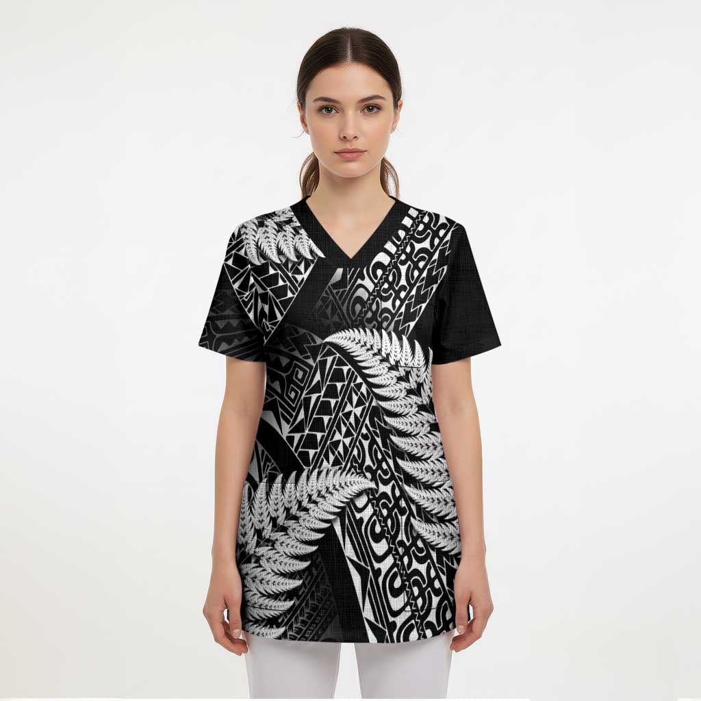 New Zealand Rugby Pacific Personalised Scrub Top All Black Maori Pasifika Fern Pattern - Polynesian Pride