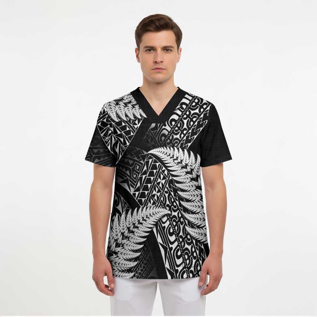 New Zealand Rugby Pacific Personalised Scrub Top All Black Maori Pasifika Fern Pattern - Polynesian Pride