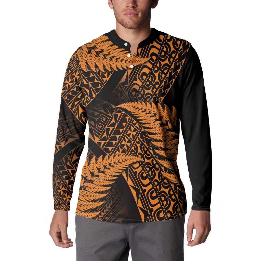 New Zealand Rugby Pacific Personalised Button Sweatshirt All Gold Maori Pasifika Fern Pattern LT9 - Polynesian Pride