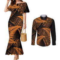 New Zealand Rugby Pacific Personalised Couples Matching Mermaid Dress and Long Sleeve Button Shirt All Gold Maori Pasifika Fern Pattern LT9 Gold - Polynesian Pride