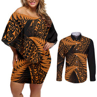 New Zealand Rugby Pacific Personalised Couples Matching Off Shoulder Short Dress and Long Sleeve Button Shirt All Gold Maori Pasifika Fern Pattern LT9 Gold - Polynesian Pride