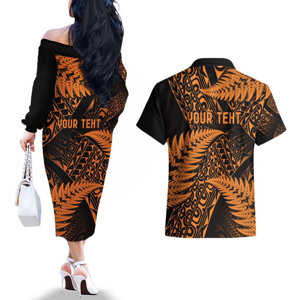 New Zealand Rugby Pacific Personalised Couples Matching Off The Shoulder Long Sleeve Dress and Hawaiian Shirt All Gold Maori Pasifika Fern Pattern LT9 - Polynesian Pride