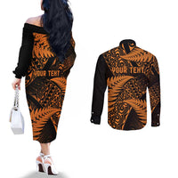 New Zealand Rugby Pacific Personalised Couples Matching Off The Shoulder Long Sleeve Dress and Long Sleeve Button Shirt All Gold Maori Pasifika Fern Pattern LT9 - Polynesian Pride
