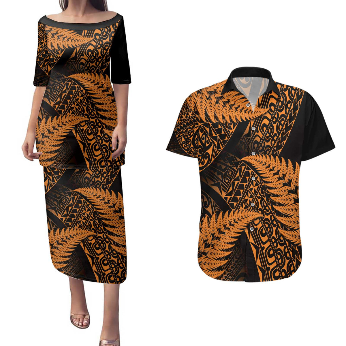 New Zealand Rugby Pacific Personalised Couples Matching Puletasi and Hawaiian Shirt All Gold Maori Pasifika Fern Pattern LT9 Gold - Polynesian Pride
