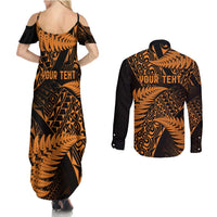 New Zealand Rugby Pacific Personalised Couples Matching Summer Maxi Dress and Long Sleeve Button Shirt All Gold Maori Pasifika Fern Pattern LT9 - Polynesian Pride