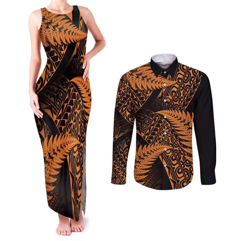 New Zealand Rugby Pacific Personalised Couples Matching Tank Maxi Dress and Long Sleeve Button Shirt All Gold Maori Pasifika Fern Pattern LT9 Gold - Polynesian Pride