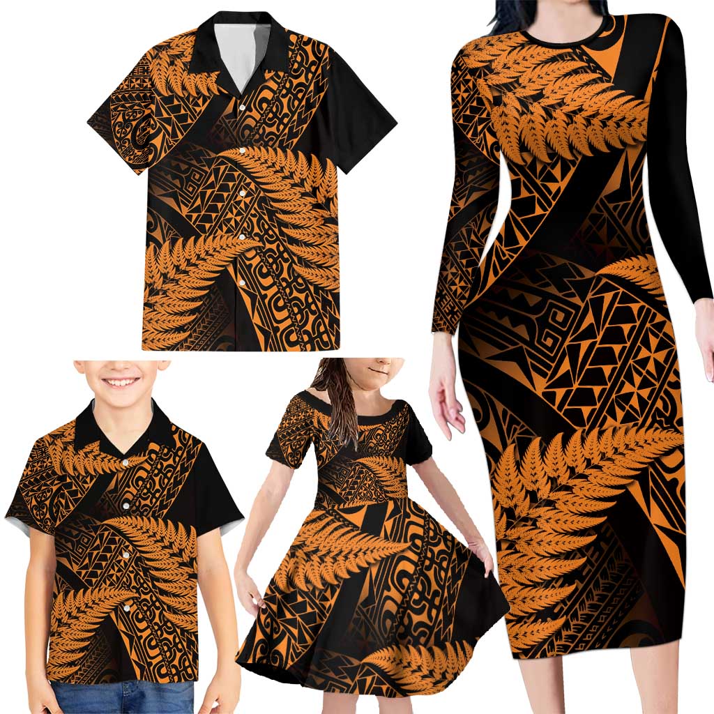 New Zealand Rugby Pacific Personalised Family Matching Long Sleeve Bodycon Dress and Hawaiian Shirt All Gold Maori Pasifika Fern Pattern LT9 - Polynesian Pride
