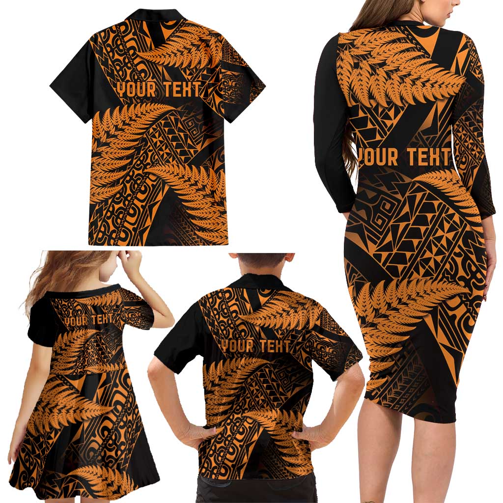 New Zealand Rugby Pacific Personalised Family Matching Long Sleeve Bodycon Dress and Hawaiian Shirt All Gold Maori Pasifika Fern Pattern LT9 - Polynesian Pride