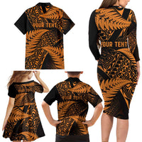 New Zealand Rugby Pacific Personalised Family Matching Long Sleeve Bodycon Dress and Hawaiian Shirt All Gold Maori Pasifika Fern Pattern LT9 - Polynesian Pride