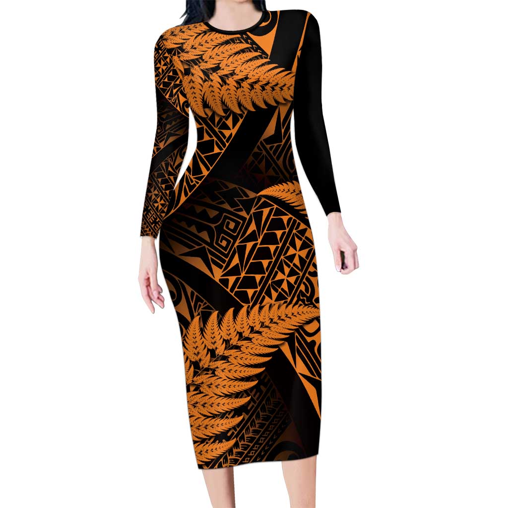 New Zealand Rugby Pacific Personalised Family Matching Long Sleeve Bodycon Dress and Hawaiian Shirt All Gold Maori Pasifika Fern Pattern LT9 Mom's Dress Gold - Polynesian Pride