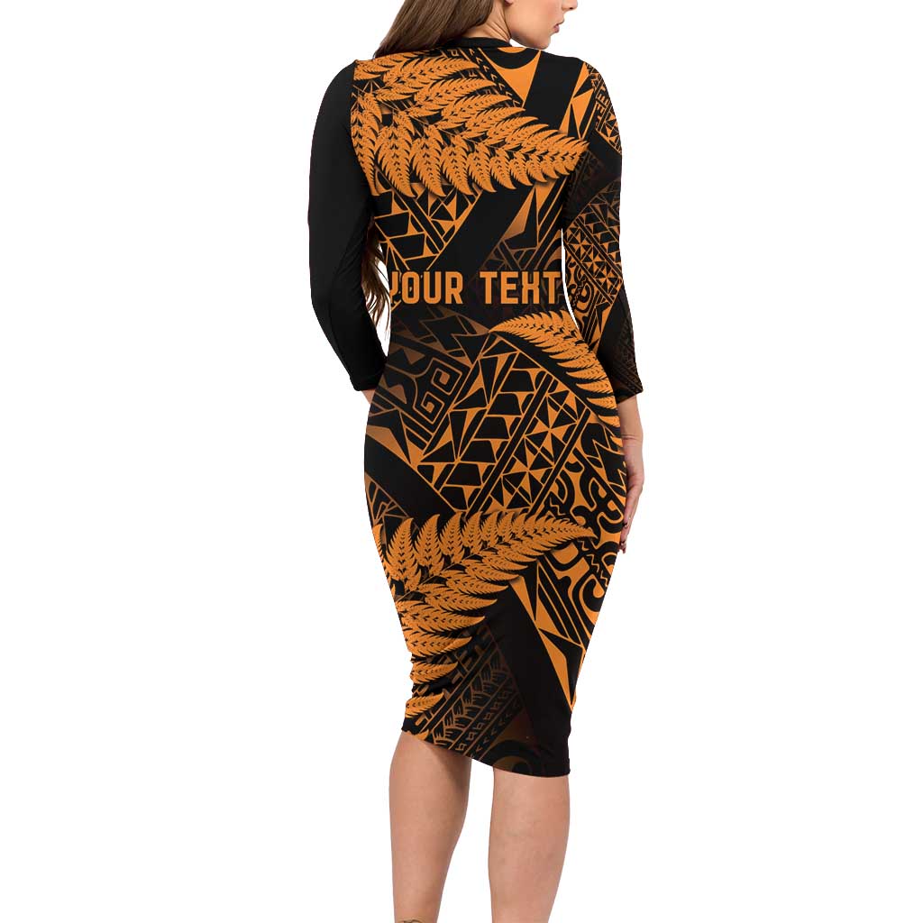 New Zealand Rugby Pacific Personalised Family Matching Long Sleeve Bodycon Dress and Hawaiian Shirt All Gold Maori Pasifika Fern Pattern LT9 - Polynesian Pride